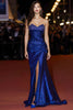 Load image into Gallery viewer, Sparkly Royal Blue Satin Beaded Strapless Long Gala Dress with Slit