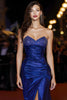 Load image into Gallery viewer, Sparkly Royal Blue Satin Beaded Strapless Long Gala Dress with Slit