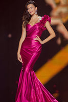 Load image into Gallery viewer, Fuchsia Satin Ruched Mermaid One Shoulder Long Pageant Dress with Ruffles