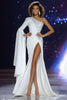 Load image into Gallery viewer, Sparkly White One Shoulder Mermaid Beaded Long Sleeves Pageant Dress with Slit