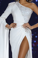 Load image into Gallery viewer, Sparkly White One Shoulder Mermaid Beaded Long Sleeves Pageant Dress with Slit