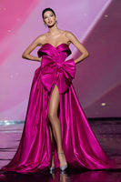 Load image into Gallery viewer, Fuchsia Satin A Line Strapless Bow Long Pageant Dress with Slit