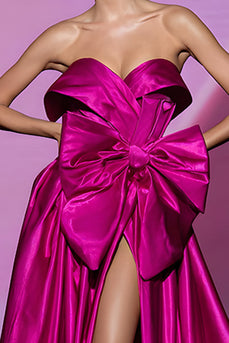 Fuchsia Satin A Line Strapless Bow Long Pageant Dress with Slit