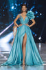 Load image into Gallery viewer, Sparkly Blue Satin A Line V-Neck Long Pageant Dress with 3D Flower