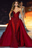 Load image into Gallery viewer, Sparkly Dark Red A Line Satin Strapless Sequin Long Pageant Dress with Cape