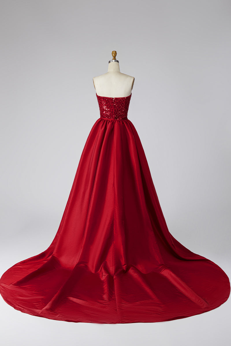 Load image into Gallery viewer, Sparkly Dark Red Sequin Mermaid Strapless Sequin Long Pageant Dress with Cape