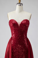 Load image into Gallery viewer, Sparkly Dark Red Sequin Mermaid Strapless Sequin Long Pageant Dress with Cape