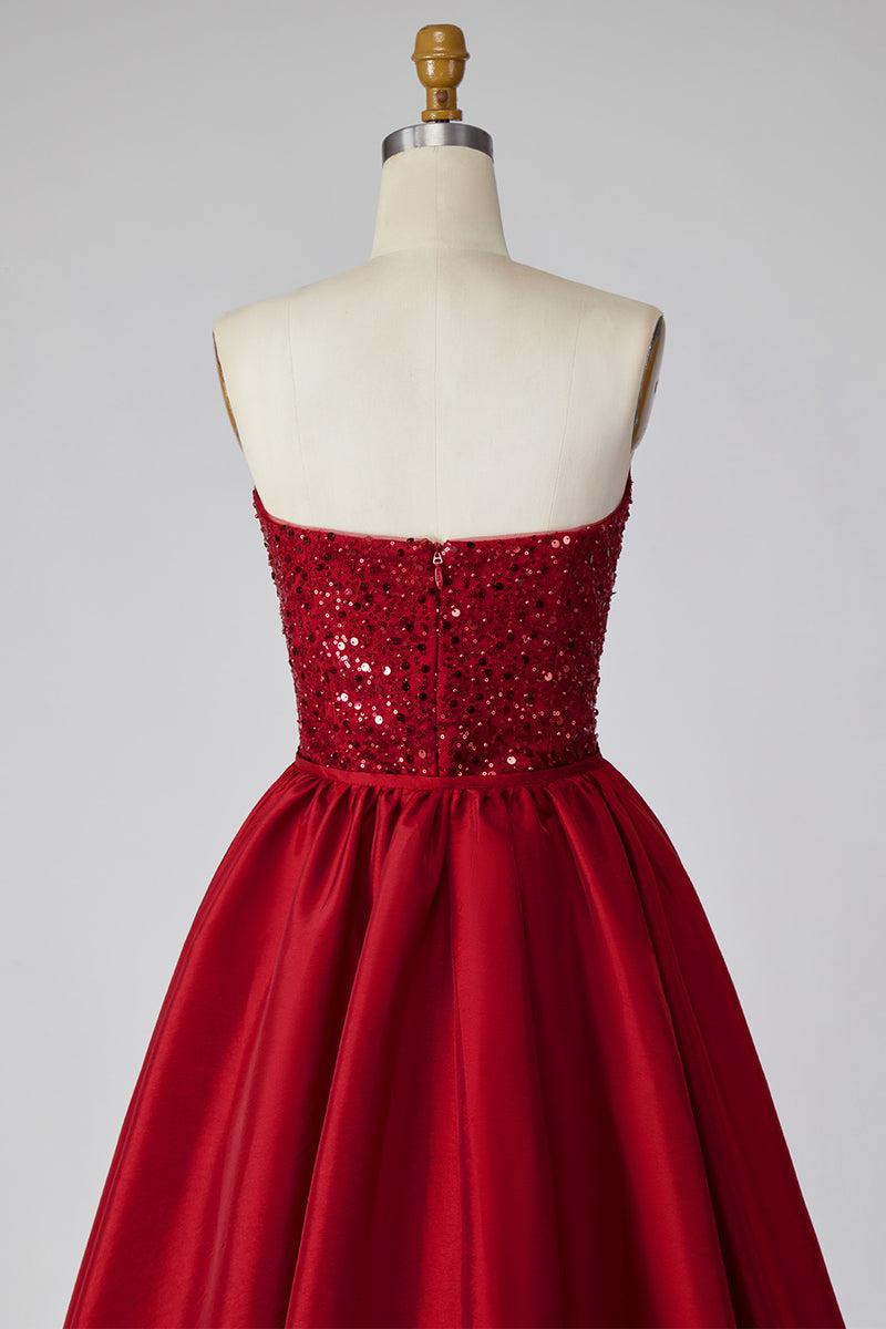 Load image into Gallery viewer, Sparkly Dark Red Sequin Mermaid Strapless Sequin Long Pageant Dress with Cape