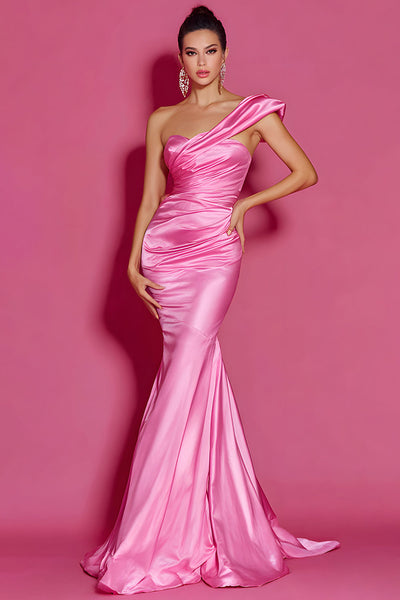 Hot Pink Mermaid Satin One Shoulder Ruched Long Pageant Dress