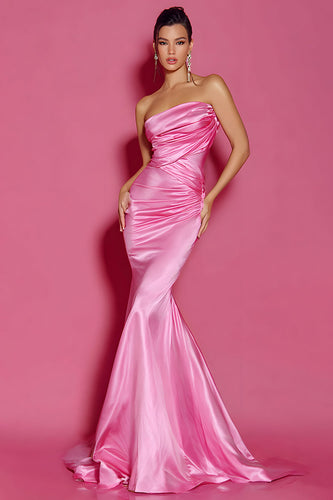Simple Hot Pink Satin Strapless Mermaid Ruched Long Pageant Dress