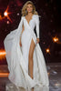 Load image into Gallery viewer, Sparkly White Mermaid Ruched Long Sleeves Pageant Dress with Slit