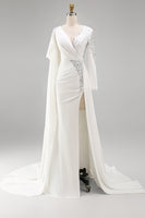 Load image into Gallery viewer, Sparkly White Mermaid Ruched Long Sleeves Pageant Dress with Slit