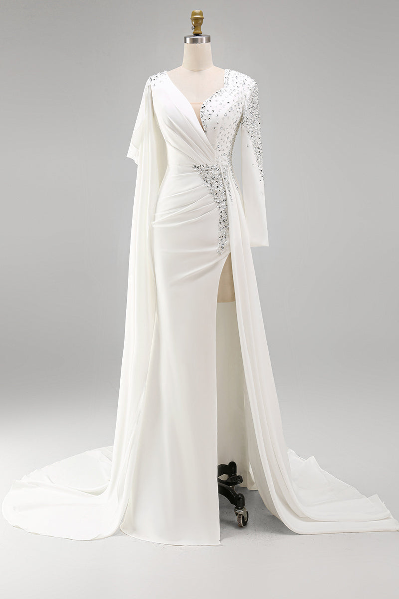 Load image into Gallery viewer, Sparkly White Mermaid Ruched Long Sleeves Pageant Dress with Slit