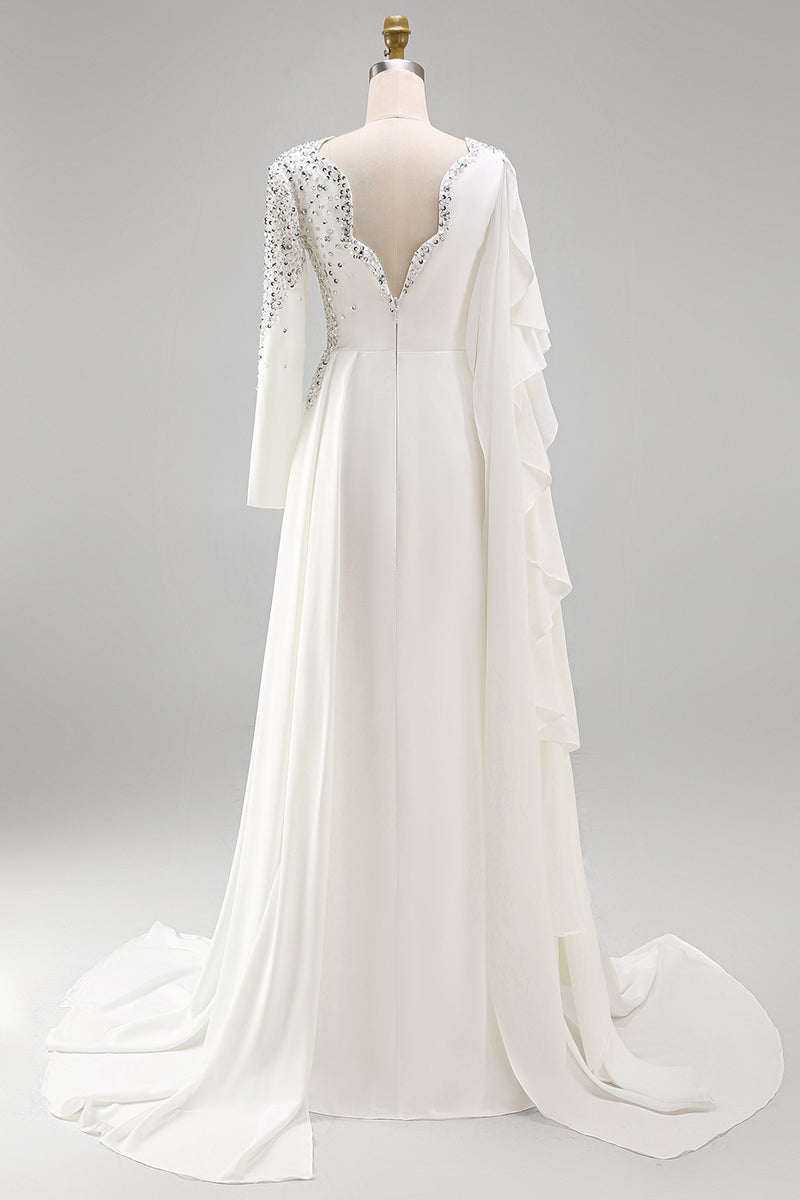 Load image into Gallery viewer, Sparkly White Mermaid Ruched Long Sleeves Pageant Dress with Slit
