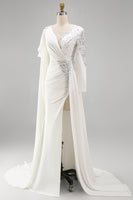 Load image into Gallery viewer, Sparkly White Mermaid Ruched Long Sleeves Pageant Dress with Slit