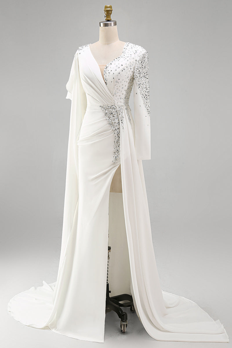 Load image into Gallery viewer, Sparkly White Mermaid Ruched Long Sleeves Pageant Dress with Slit