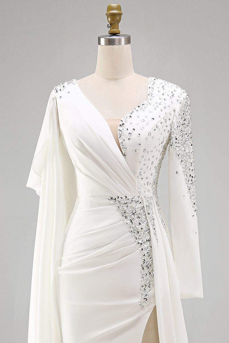 Load image into Gallery viewer, Sparkly White Mermaid Ruched Long Sleeves Pageant Dress with Slit