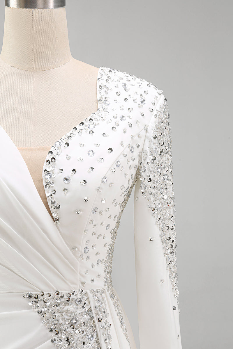 Load image into Gallery viewer, Sparkly White Mermaid Ruched Long Sleeves Pageant Dress with Slit