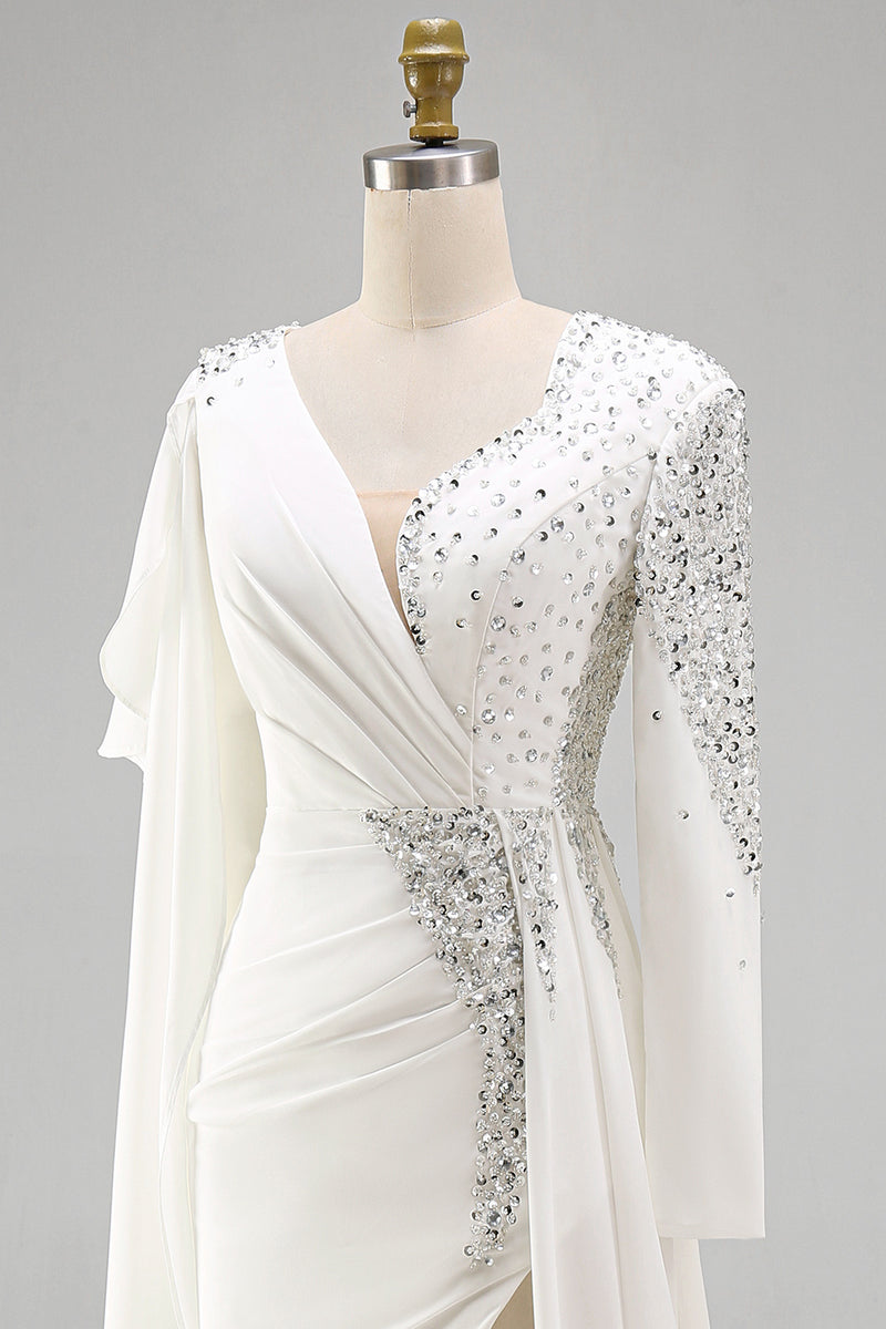 Load image into Gallery viewer, Sparkly White Mermaid Ruched Long Sleeves Pageant Dress with Slit