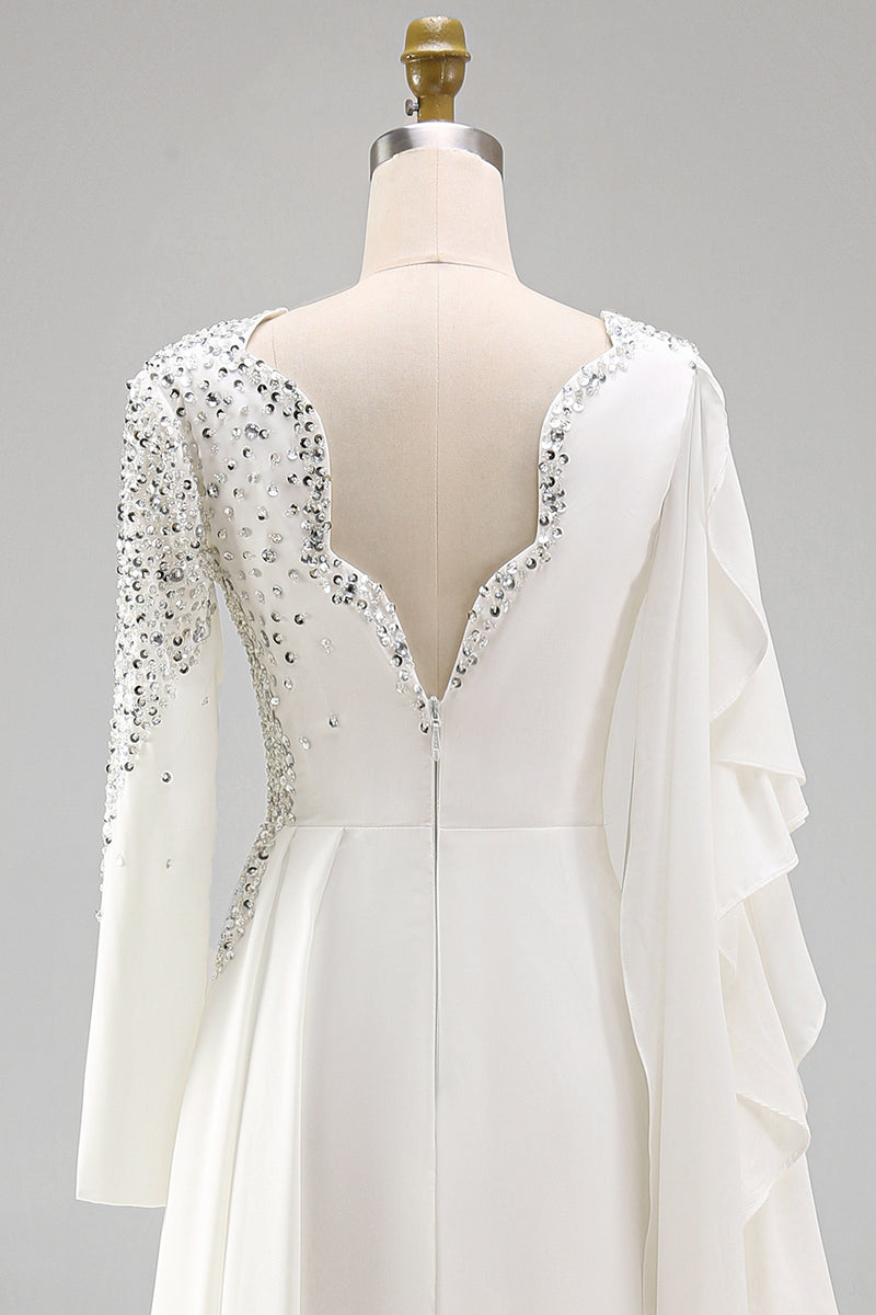 Load image into Gallery viewer, Sparkly White Mermaid Ruched Long Sleeves Pageant Dress with Slit