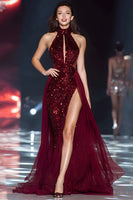 Load image into Gallery viewer, Sparkly Burgundy Sequin Tulle High Neck Long Gala Dress with Slit