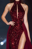 Load image into Gallery viewer, Sparkly Burgundy Sequin Tulle High Neck Long Gala Dress with Slit