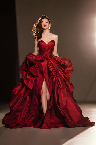 Dark Red A Line Satin Ruffled Sweetheart Ball Gown Long Pageant Dress with Slit