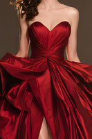 Load image into Gallery viewer, Dark Red A Line Satin Ruffled Sweetheart Ball Gown Long Pageant Dress with Slit