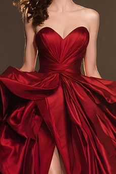 Dark Red A Line Satin Ruffled Sweetheart Ball Gown Long Pageant Dress with Slit
