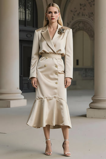 Champagne Mermaid Satin Notched Lapel Midi Work Dress with 3D Flower