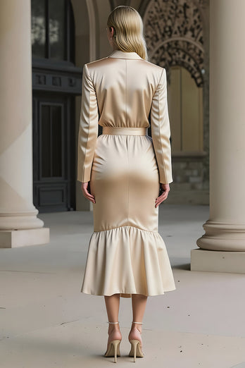 Champagne Mermaid Satin Notched Lapel Midi Work Dress with 3D Flower
