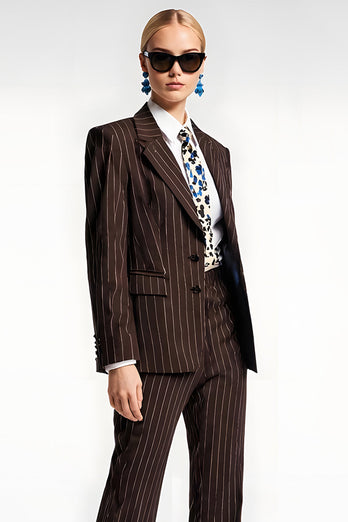 2 Piece Coffee Satin Notched Lapel Striped Business Suits with Pockets