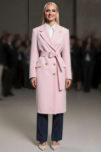 Pink Satin Notched Lapel Buttons Long Sleeves Women Blazer with Belt