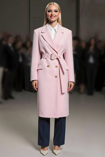 Pink Satin Notched Lapel Buttons Long Sleeves Women Blazer with Belt