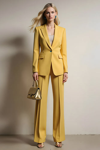 2 Piece Yellow Satin Notched Lapel One Button Business Suits