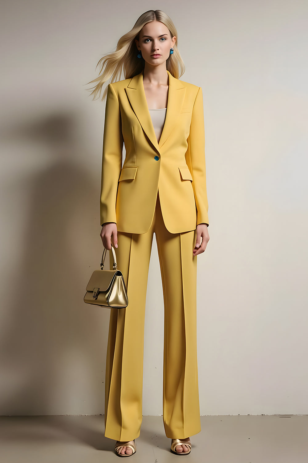 2 Piece Yellow Satin Notched Lapel One Button Business Suits