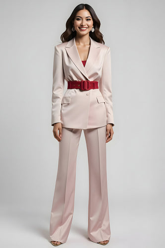2 Piece Blush Satin Notched Long Sleeves Lapel Business Suits with Belt