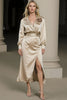 Load image into Gallery viewer, Champagne Satin Notched Lapel Long Sleeves Midi Work Dress with Slit