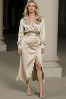 Load image into Gallery viewer, Champagne Satin Notched Lapel Long Sleeves Midi Work Dress with Slit