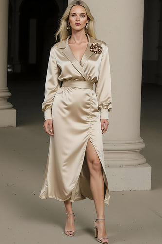 Champagne Satin Notched Lapel Long Sleeves Midi Work Dress with Slit