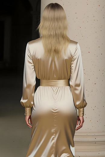 Champagne Satin Notched Lapel Long Sleeves Midi Work Dress with Slit