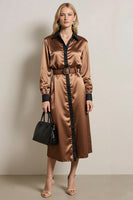 Load image into Gallery viewer, Coffee Satin Sheath Collar Neck Long Sleeves Midi Work Dress with Belt
