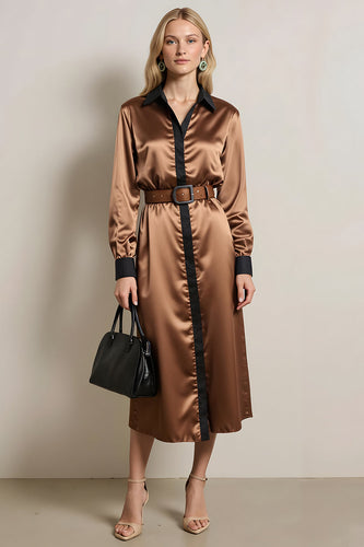 Coffee Satin Sheath Collar Neck Long Sleeves Midi Work Dress with Belt