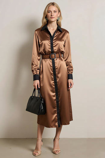 Coffee Satin Sheath Collar Neck Long Sleeves Midi Work Dress with Belt