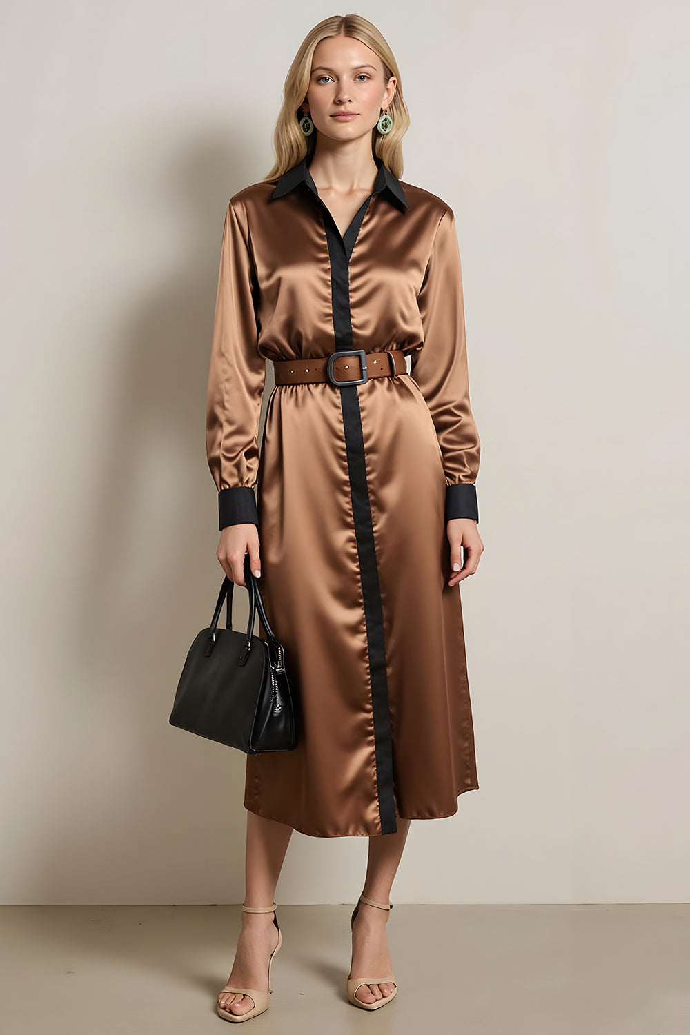 Coffee Satin Sheath Collar Neck Long Sleeves Midi Work Dress with Belt