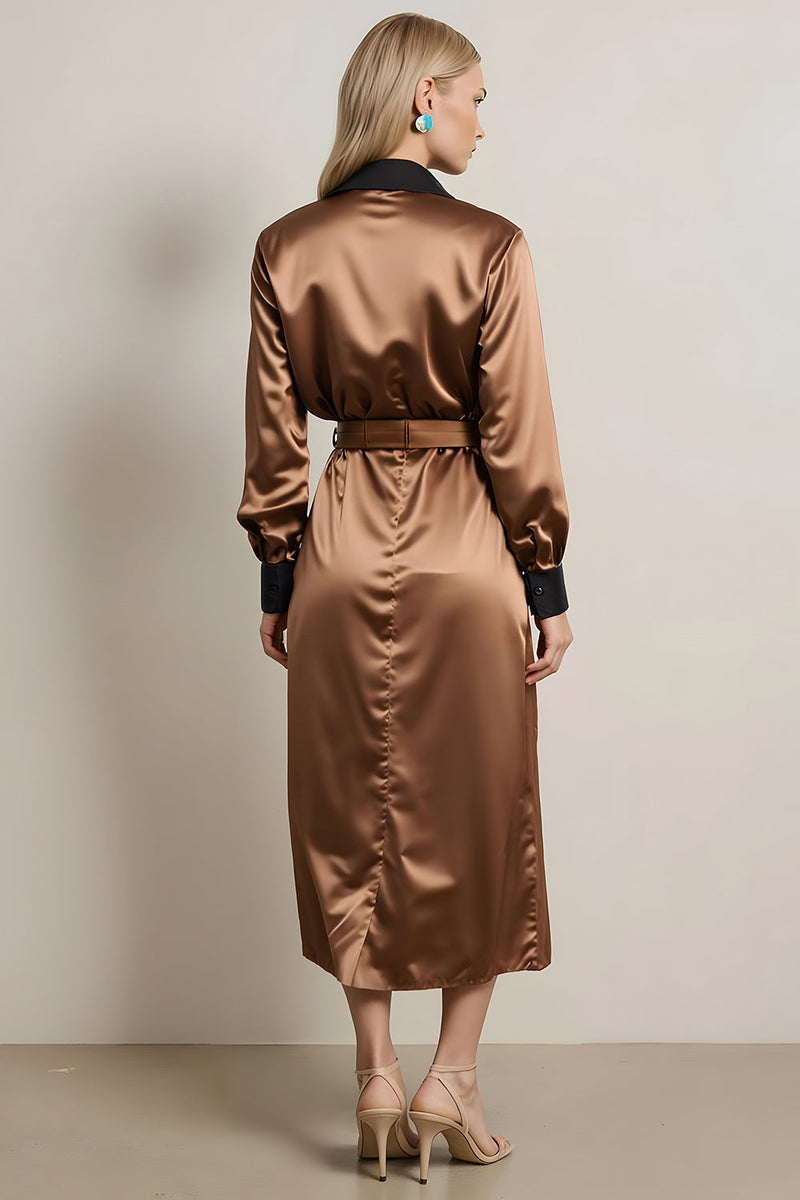 Load image into Gallery viewer, Coffee Satin Sheath Collar Neck Long Sleeves Midi Work Dress with Belt