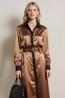 Load image into Gallery viewer, Coffee Satin Sheath Collar Neck Long Sleeves Midi Work Dress with Belt