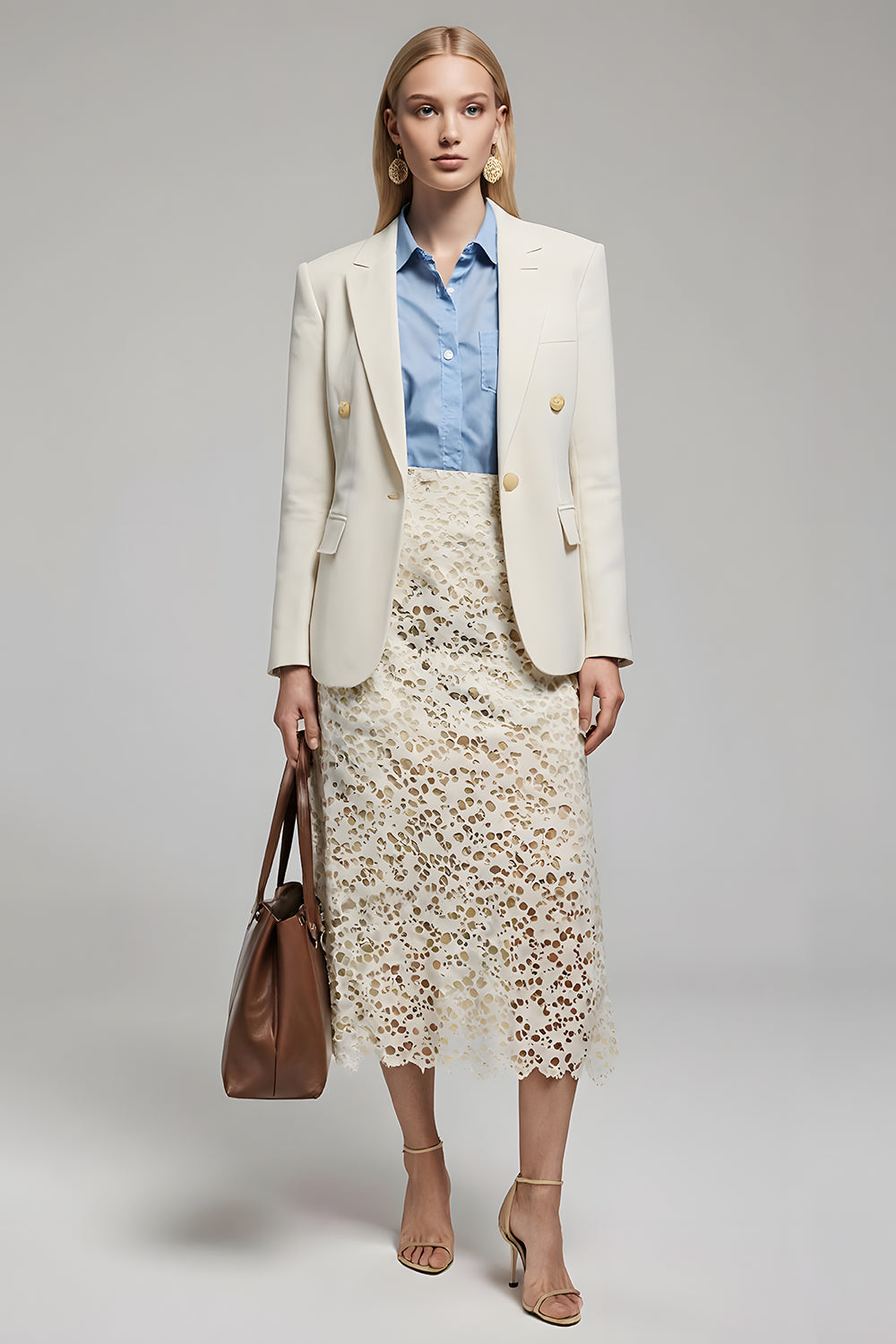 Ivory Satin Notched Lapel Long Sleeves Women Blazer with Buttons