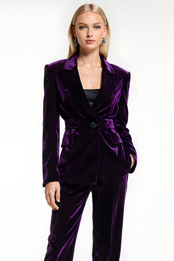 2 Piece Dark Purple Velvet Peak Lapel Prom Suits with Pockets
