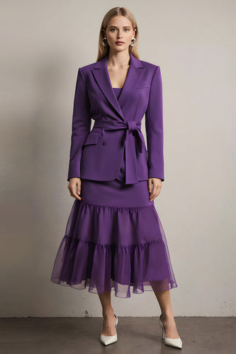 2 Piece Dark Purple Satin Long Sleeves Notched Lapel Prom Suits with Sash